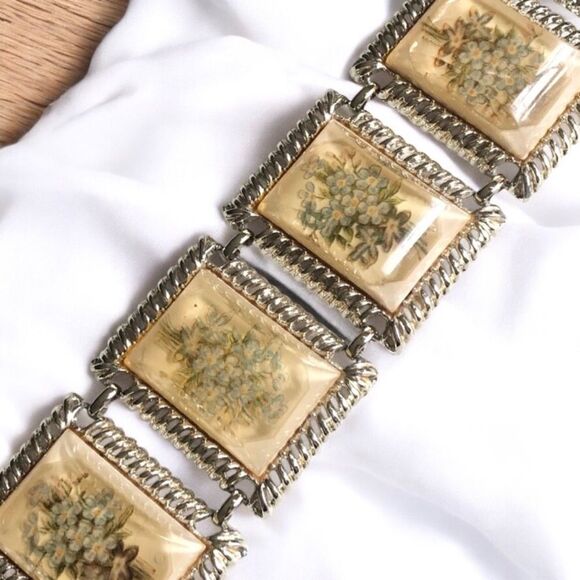 Wide Yellow Lucite Floral Panel Bracelet - Picture 1 of 9